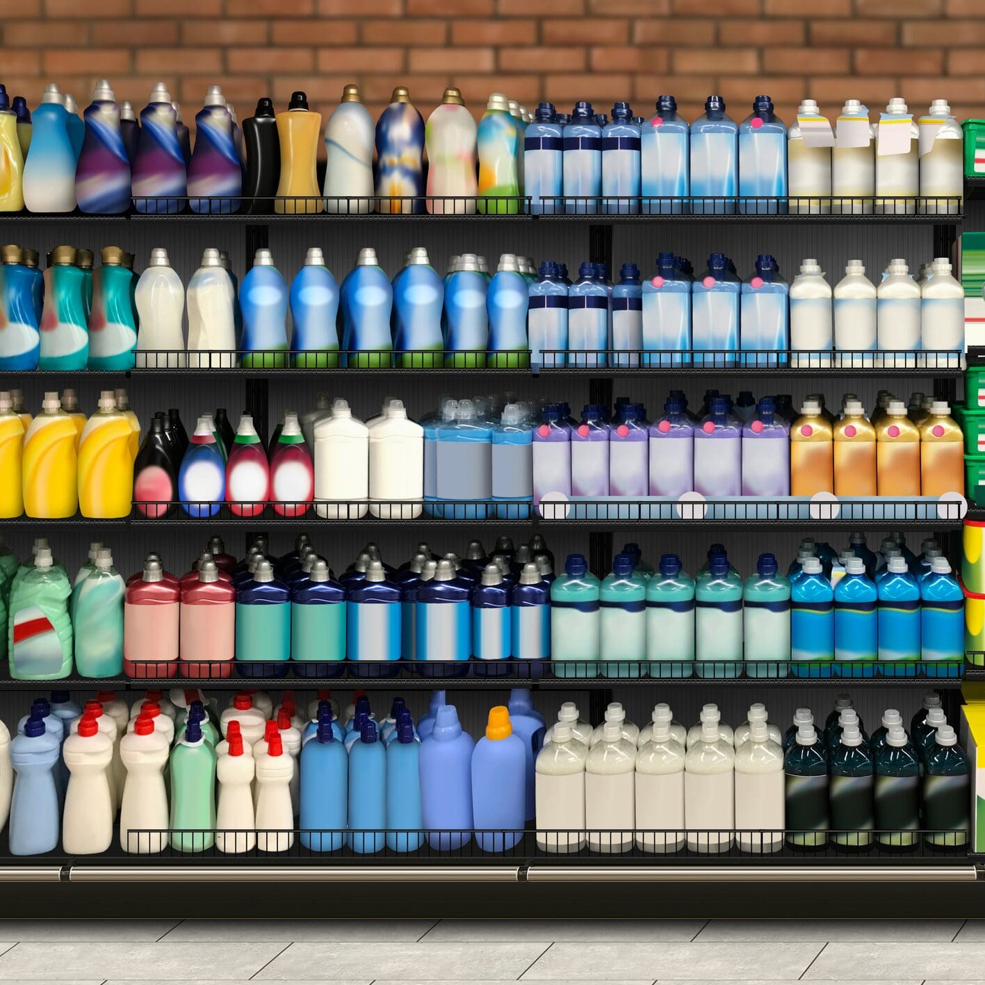Shelves in a store filled with various bottles of laundry detergent and cleaning products in different shapes, sizes, and colors. The background is a brick wall, and the floor has light-colored tiles.
