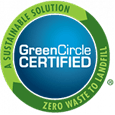 GreenCircle Certified logo with a blue circle at the center and the words “A Sustainable Solution” and “Zero Waste to Landfill” in a green band around the edge.