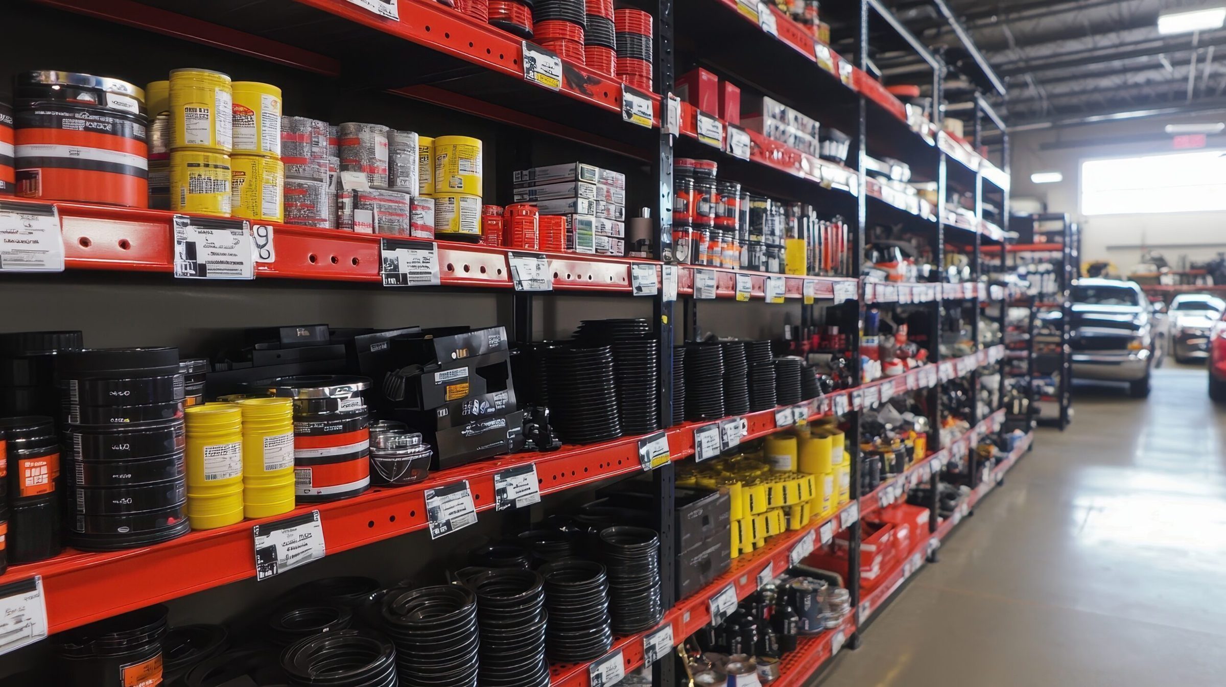 Shelves in an auto parts store display various automotive products, including oil filters, containers, and stacked parts. The store aisle is well-lit, and cars are visible near the entrance in the background.