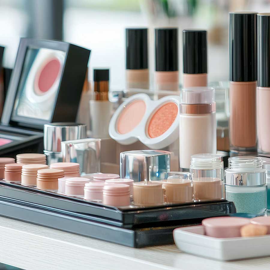 A variety of makeup products, including foundation bottles, compact powders, blushes, and eyeshadow palettes, are arranged neatly on a white tabletop.