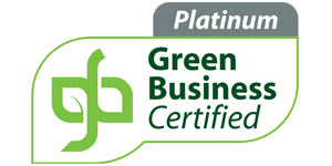 Platinum Green Business Certified badge featuring a green leaf logo and bold text, indicating high-level environmentally friendly business certification.