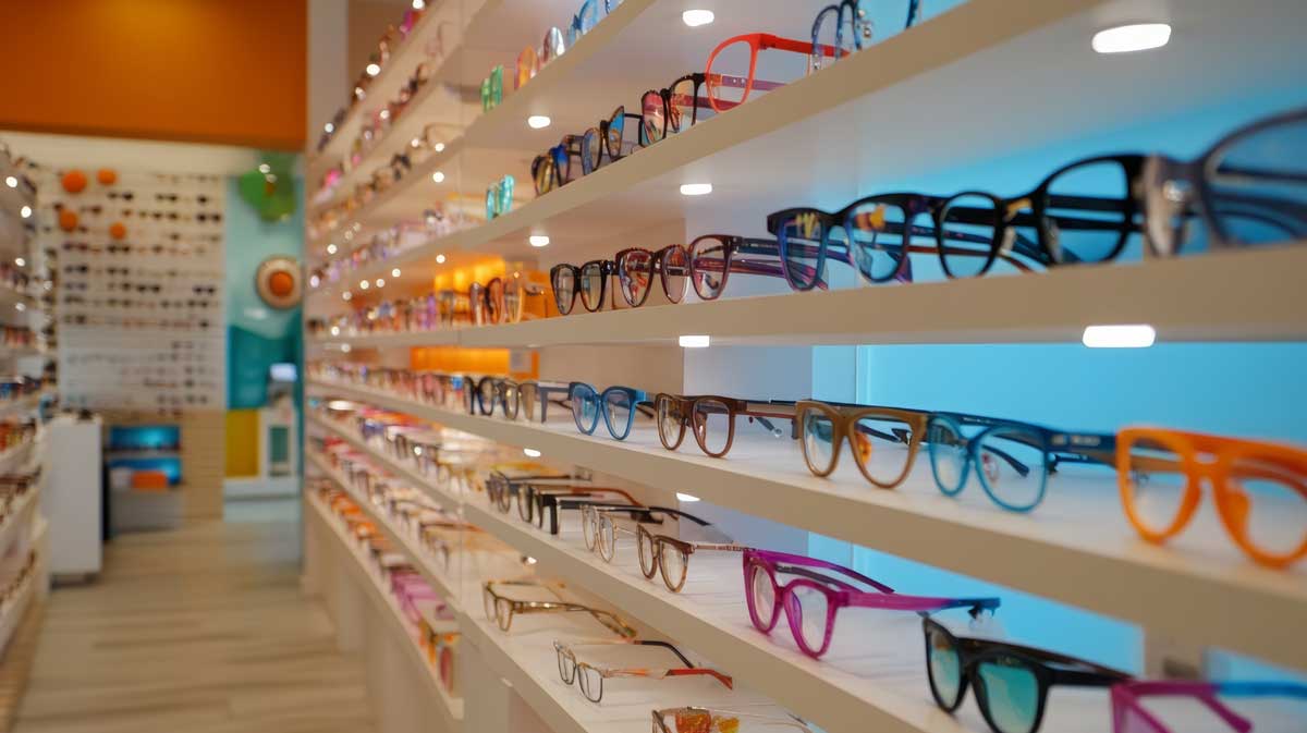 Rows of colorful eyeglass frames displayed on illuminated white shelves in an eyewear store, with a bright and modern interior visible in the background.
