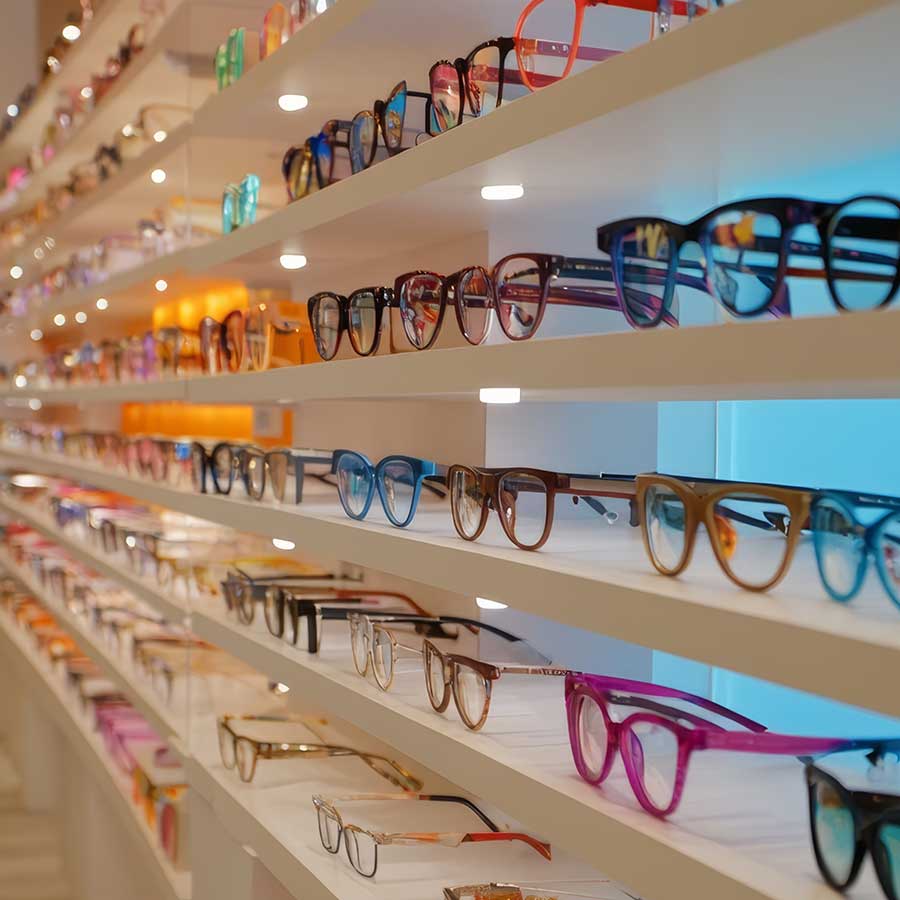 Rows of colorful eyeglasses displayed on white shelves in a brightly lit optical store. Glasses in various shapes and styles are neatly arranged, creating a vibrant and organized appearance.