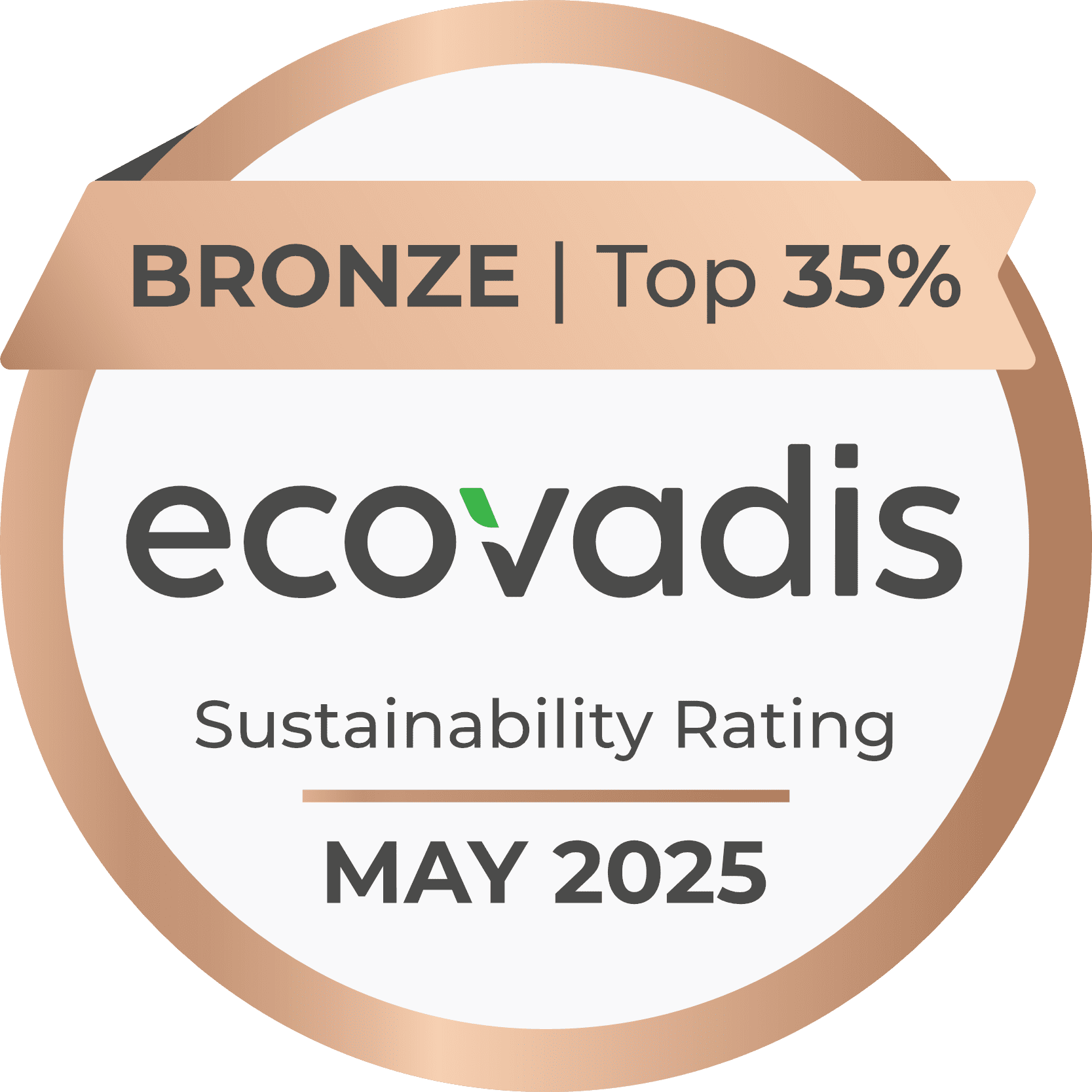 Bronze badge with Top 35% ribbon and text: ecovadis Sustainability Rating, May 2025. Circular design highlights recognition for sustainability achievement.