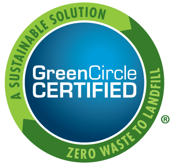 A circular badge with GreenCircle CERTIFIED in the center and the phrases A Sustainable Solution and Zero Waste to Landfill around the green outer ring.