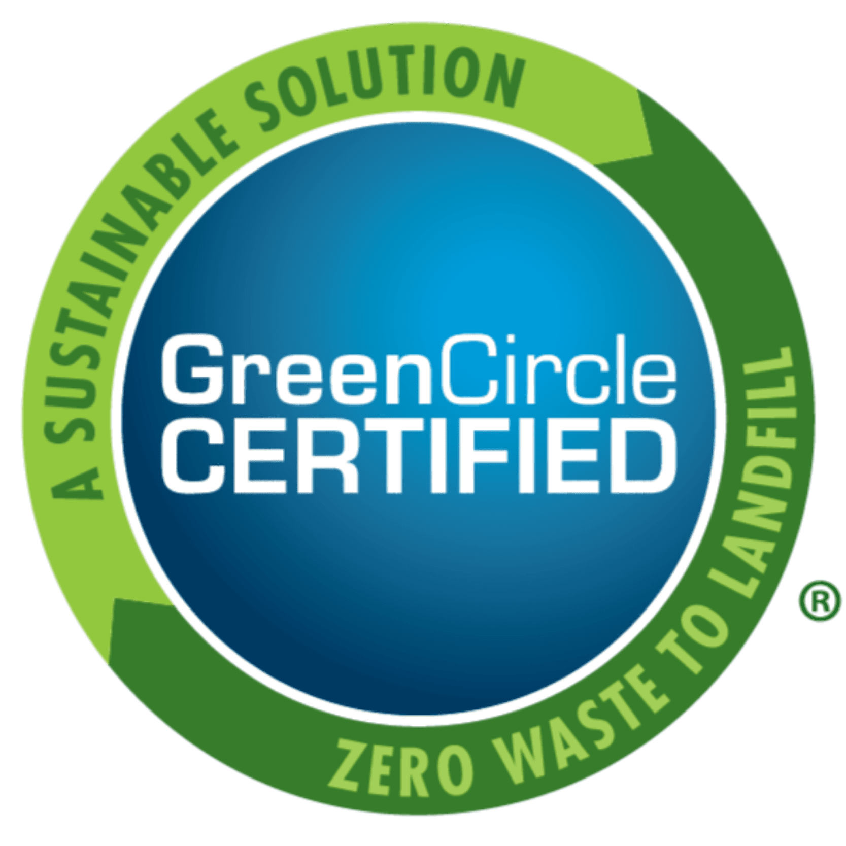 GreenCircle Certified logo with a blue circle in the center and a green circular border. The border reads A Sustainable Solution and Zero Waste to Landfill in yellow-green text.