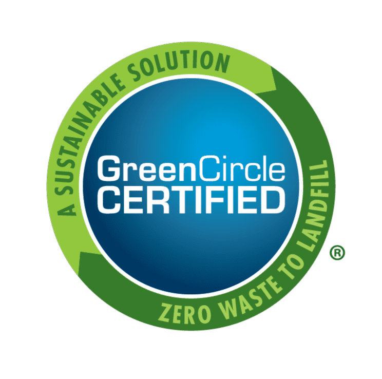A circular GreenCircle Certified logo with a blue center. Green outer rings display the text: “A Sustainable Solution” at the top and “Zero Waste to Landfill” at the bottom.